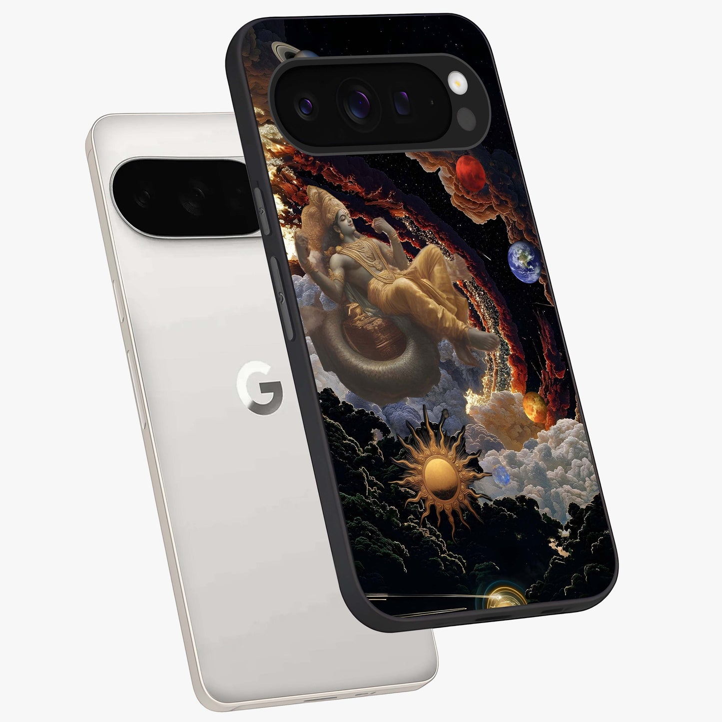 Galactic Divine God Glass Case displayed in angled mockup highlighting powerful celestial deity illustration with galactic aesthetic.