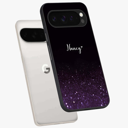 Glittery Purple Bokeh Custom Name Glass Case displayed in angled mockup highlighting glitter bokeh pattern with custom name feature.