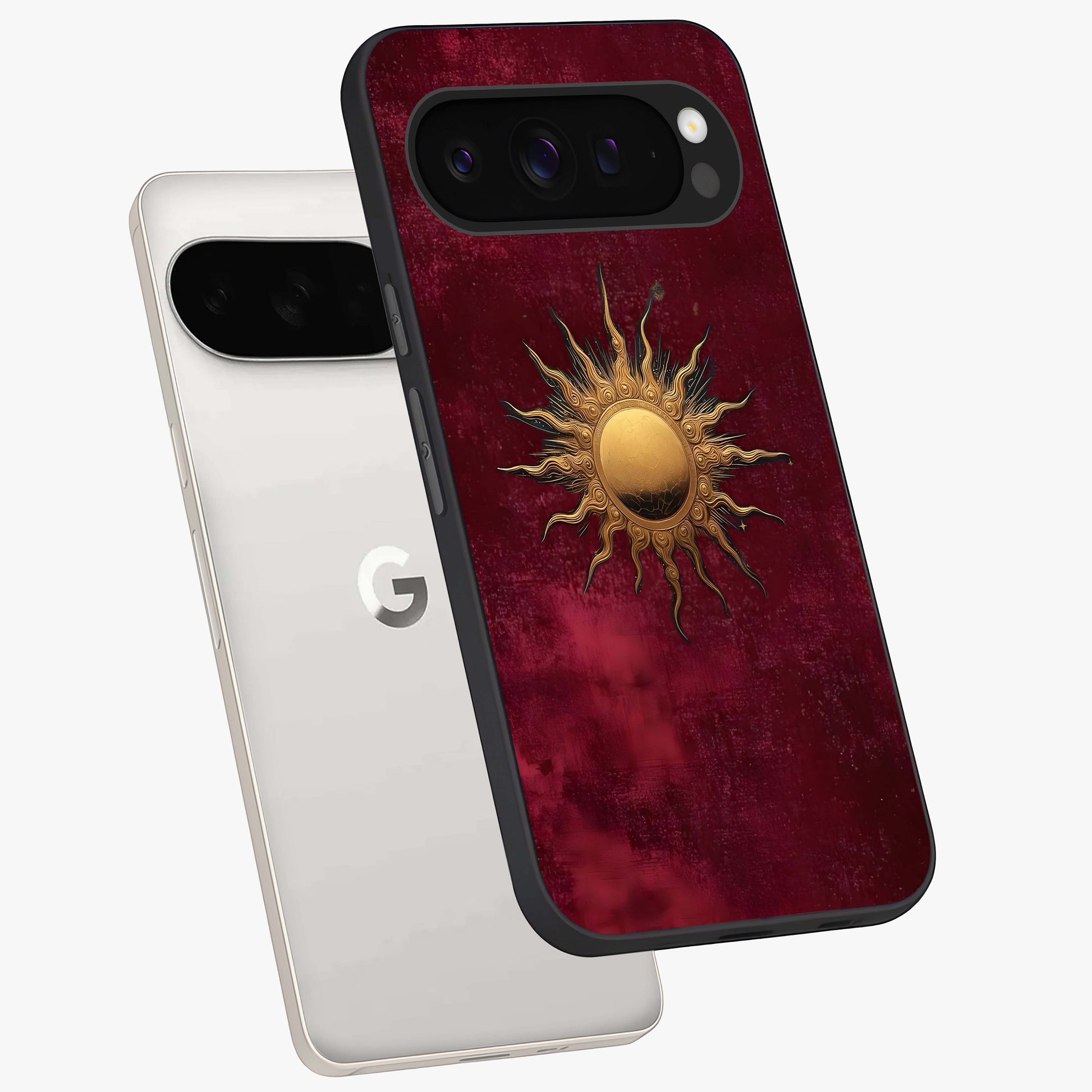 Golden Sun Minimalism Glass Case displayed in angled mockup highlighting clean sun symbol design with modern minimal aesthetic.