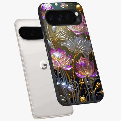 Golden Floral Majesty Glass Case displayed in angled mockup highlighting elegant flower design with royal golden aesthetic.