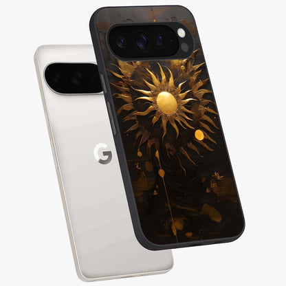 Golden Sun Majesty Glass Case displayed in angled mockup highlighting eerie shadow illustration with gothic aesthetic.