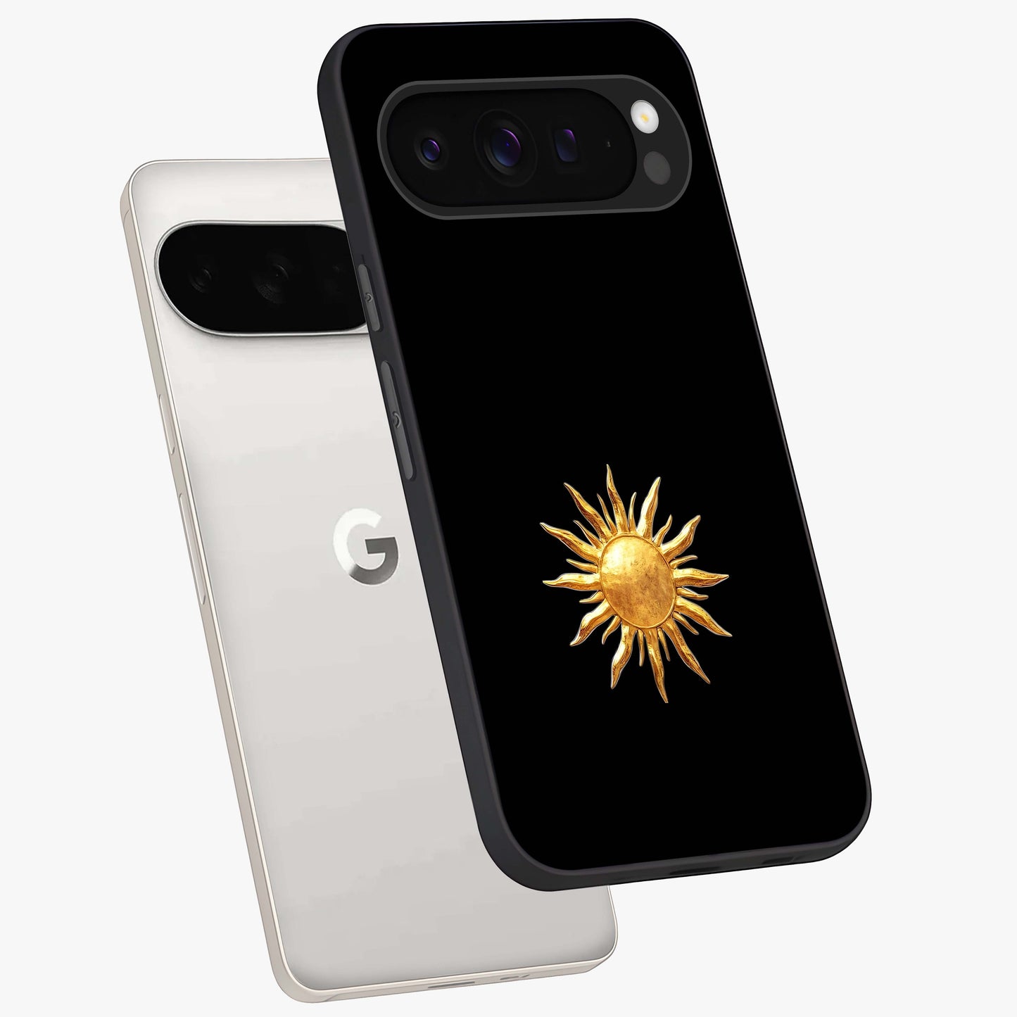 Golden Sun Minimalism Glass Case displayed in angled mockup highlighting eerie shadow illustration with gothic aesthetic.