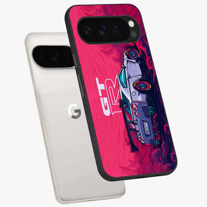 GT-R Car Pattern Glass Case displayed in angled mockup highlighting racing car graphic design with bold automotive aesthetic.