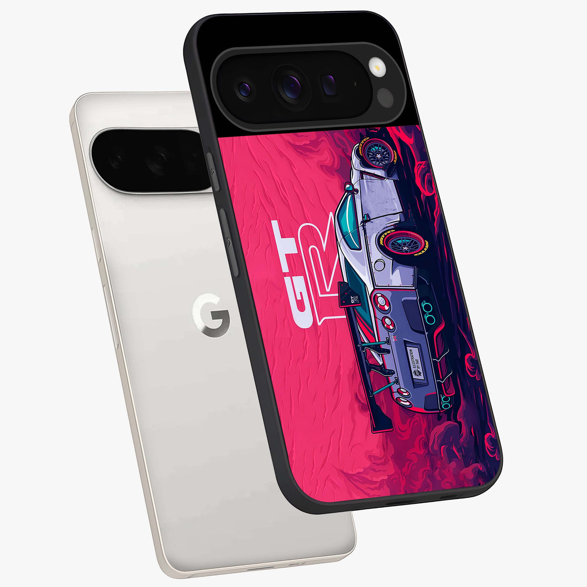 GT-R Car Pattern Glass Case displayed in angled mockup highlighting racing car graphic design with bold automotive aesthetic.