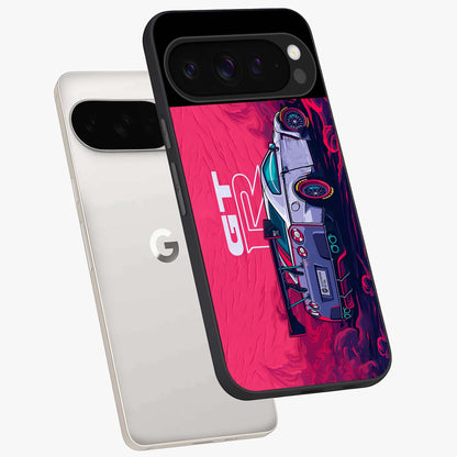 GT-R Car Pattern Glass Case displayed in angled mockup highlighting racing car graphic design with bold automotive aesthetic.