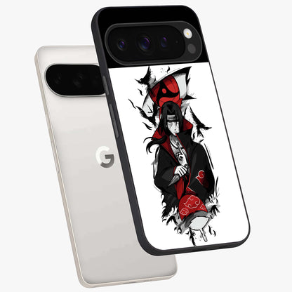 Itachi Limited Edition Naruto Anime Glass Case displayed in angled mockup highlighting dramatic anime illustration with bold action aesthetic.