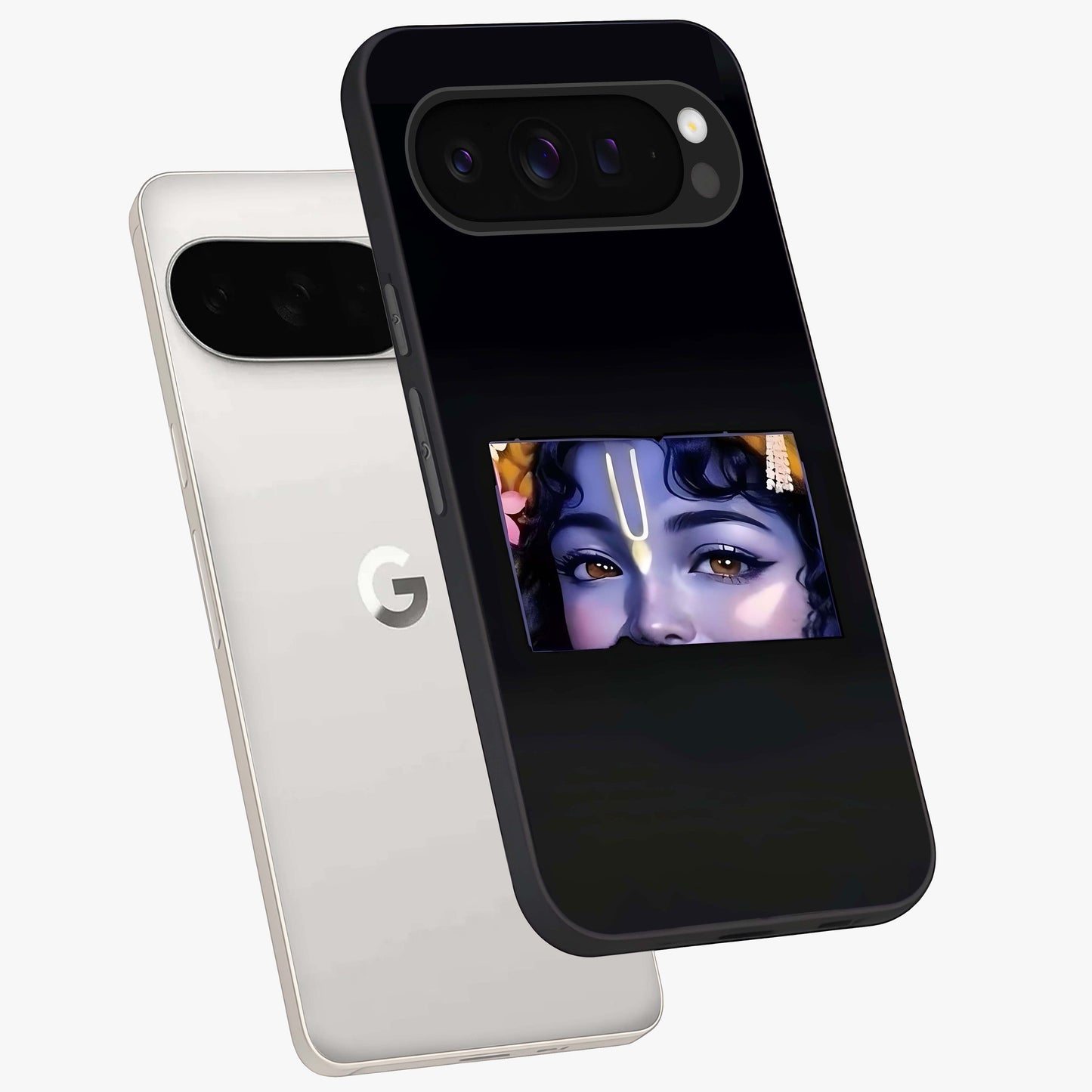 Krishna Divine Embrace Glass Case displayed in angled mockup highlighting divine Krishna illustration with spiritual aesthetic.