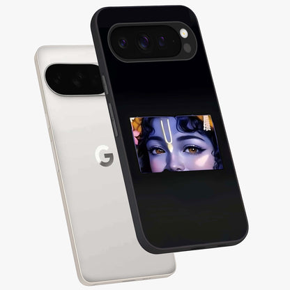 Krishna Divine Embrace Glass Case displayed in angled mockup highlighting divine Krishna illustration with spiritual aesthetic.
