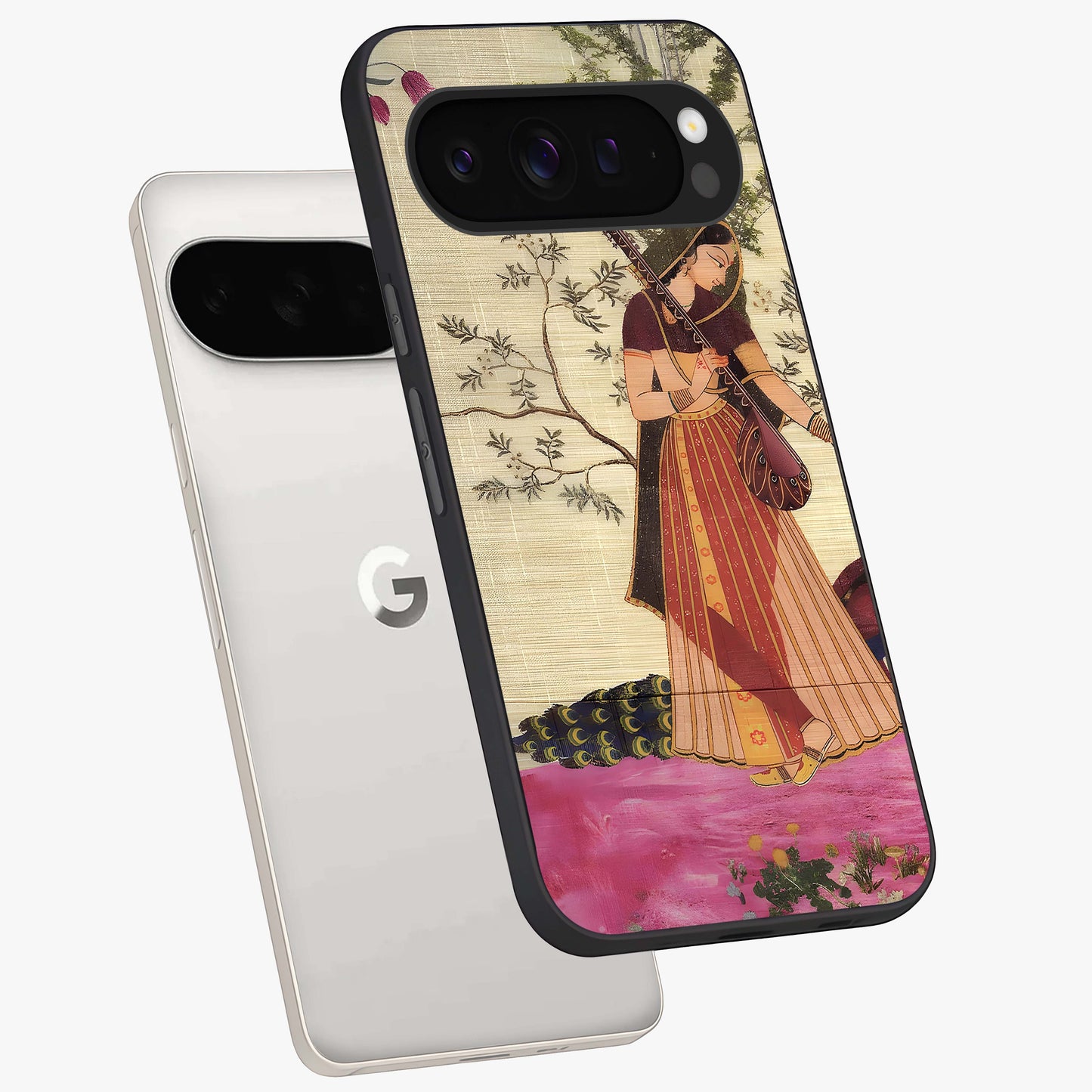 Lady With Veena Art Glass Case displayed in angled mockup highlighting graceful musical illustration with cultural artistic aesthetic.