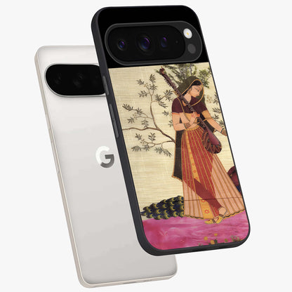 Lady With Veena Art Glass Case displayed in angled mockup highlighting graceful musical illustration with cultural artistic aesthetic.