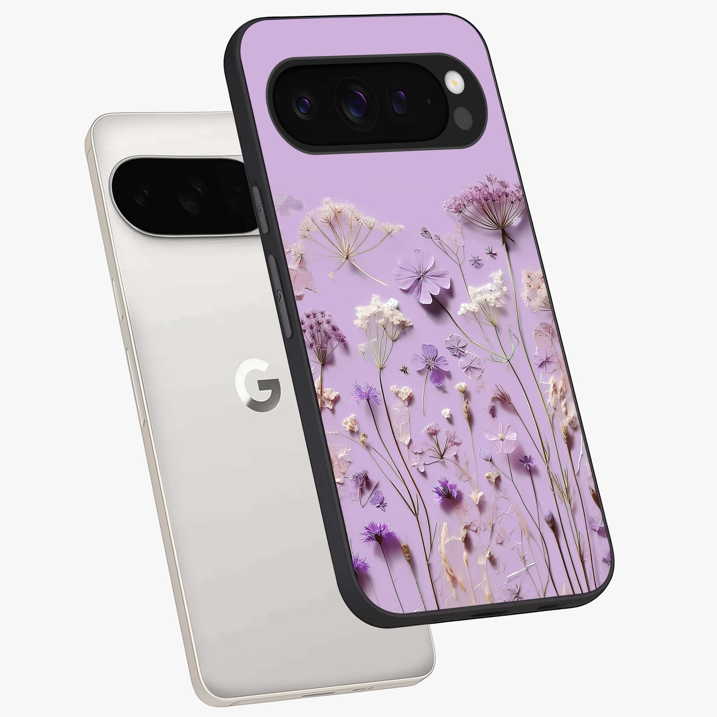 Lavender Blossom Dream Glass Case displayed in angled mockup highlighting dreamy lavender flower design with calming aesthetic style.