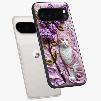 Lavender Cat Whimsy Glass Case displayed in angled mockup highlighting playful feline illustration with pastel lavender aesthetic.