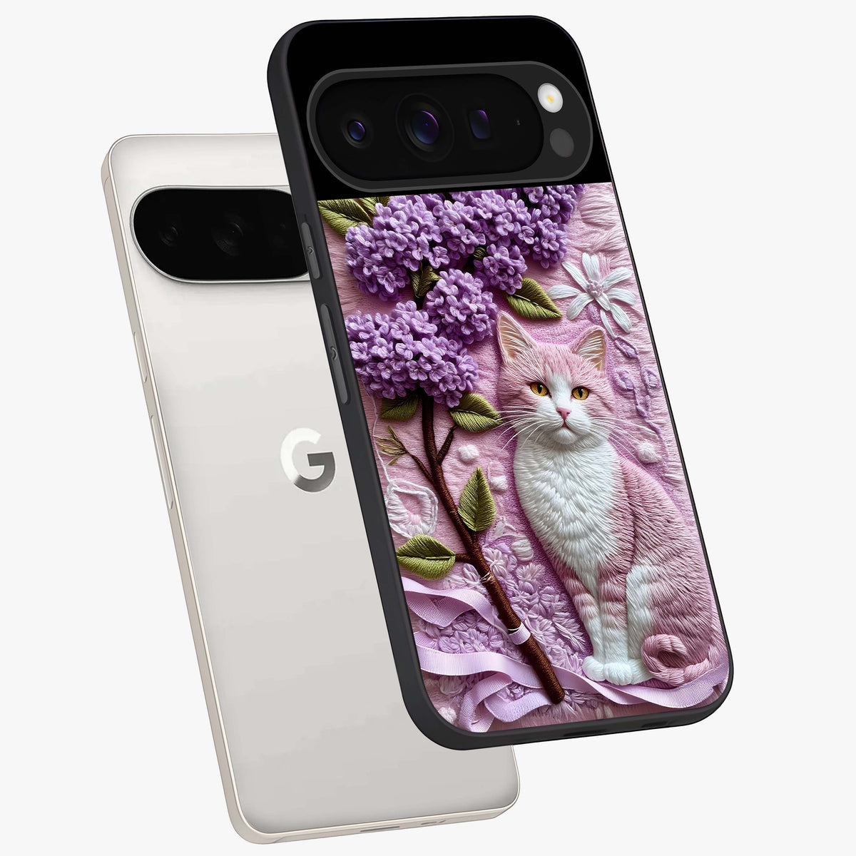 Lavender Cat Whimsy Glass Case displayed in angled mockup highlighting playful feline illustration with pastel lavender aesthetic.