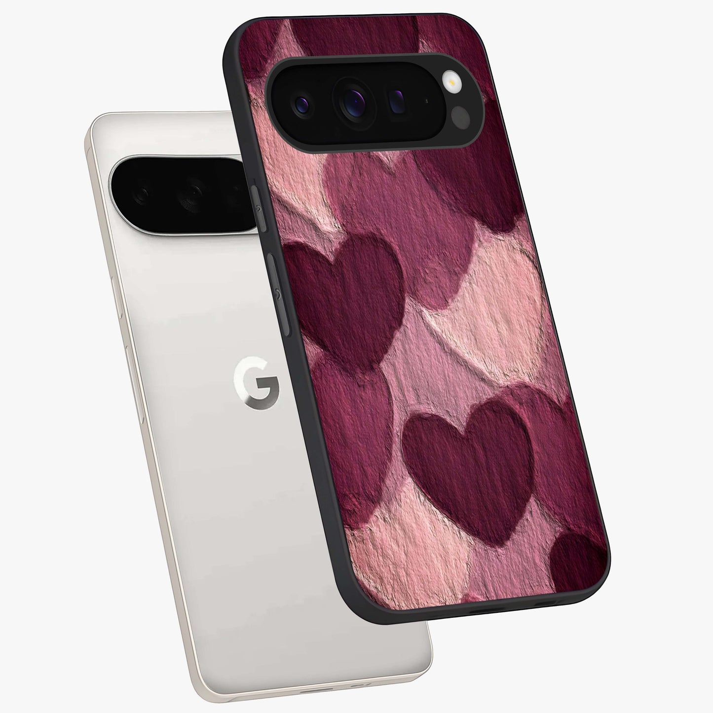 Layered Paper Hearts Glass Case displayed in angled mockup highlighting creative paper craft heart design with romantic aesthetic.