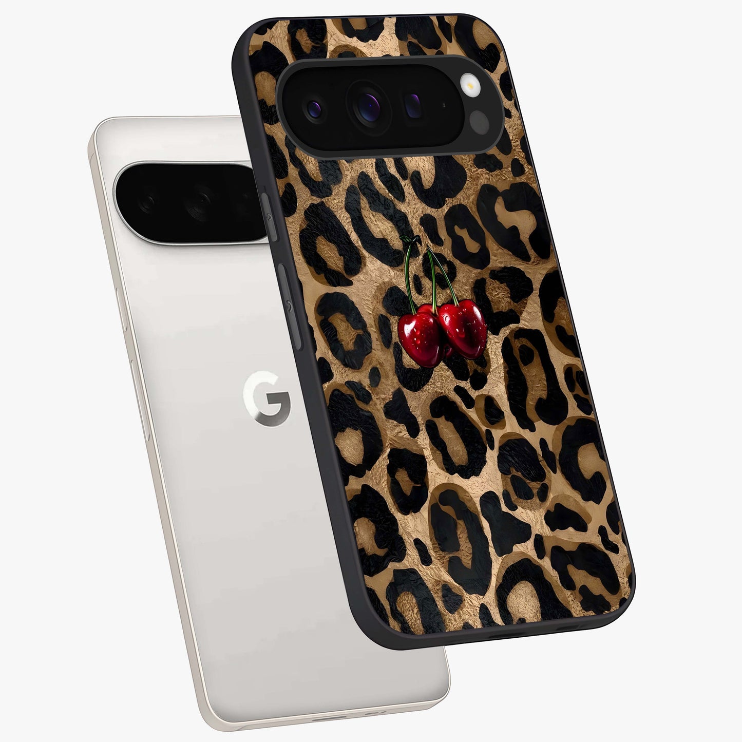Leopard Wild Cherry Glass Case displayed in angled mockup highlighting bold animal print design with playful cherry aesthetic.