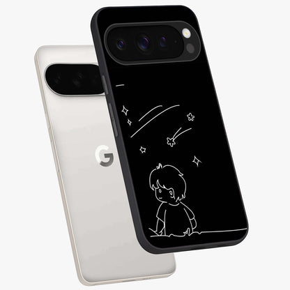 Line Art Boy With Shooting Stars Glass Case displayed in angled mockup highlighting elegant line art design with dreamy star aesthetic.