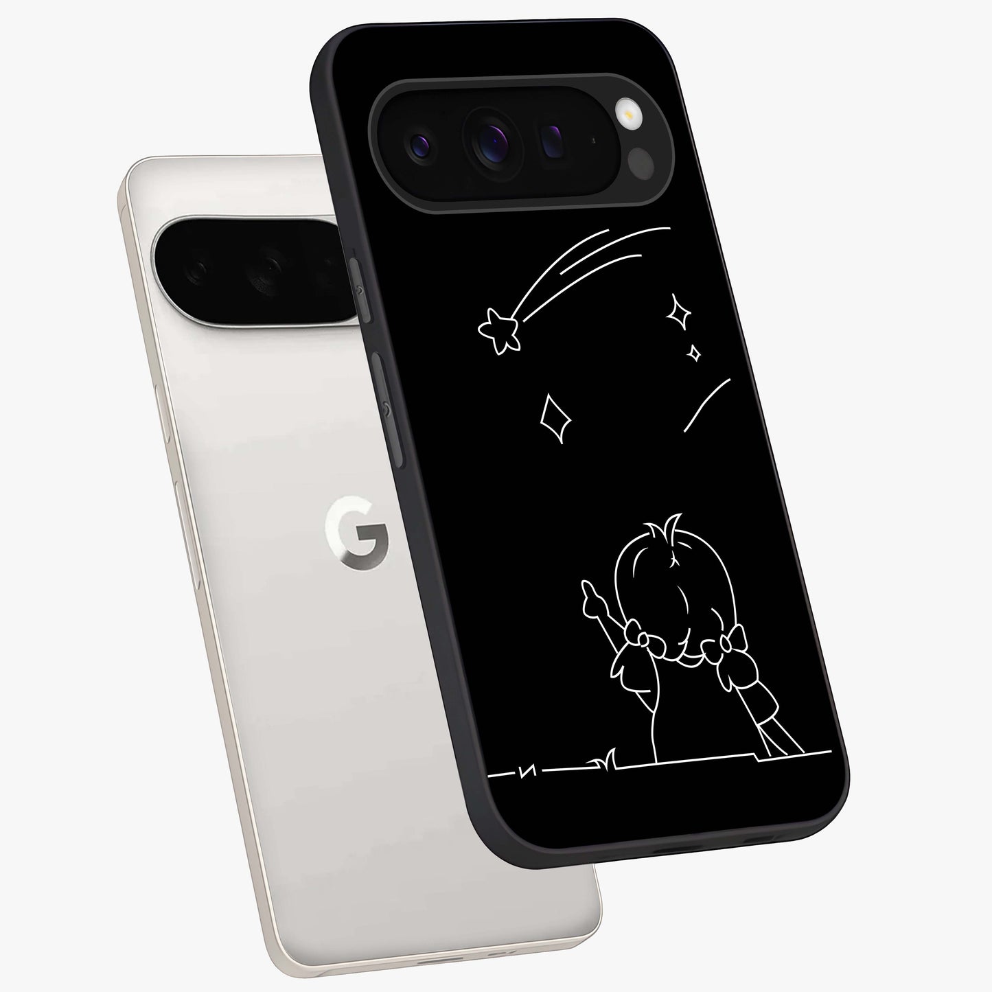 Line Art Girl With Shooting Stars Glass Case displayed in angled mockup highlighting elegant line art design with dreamy star aesthetic.