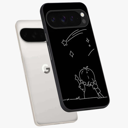 Line Art Girl With Shooting Stars Glass Case displayed in angled mockup highlighting elegant line art design with dreamy star aesthetic.