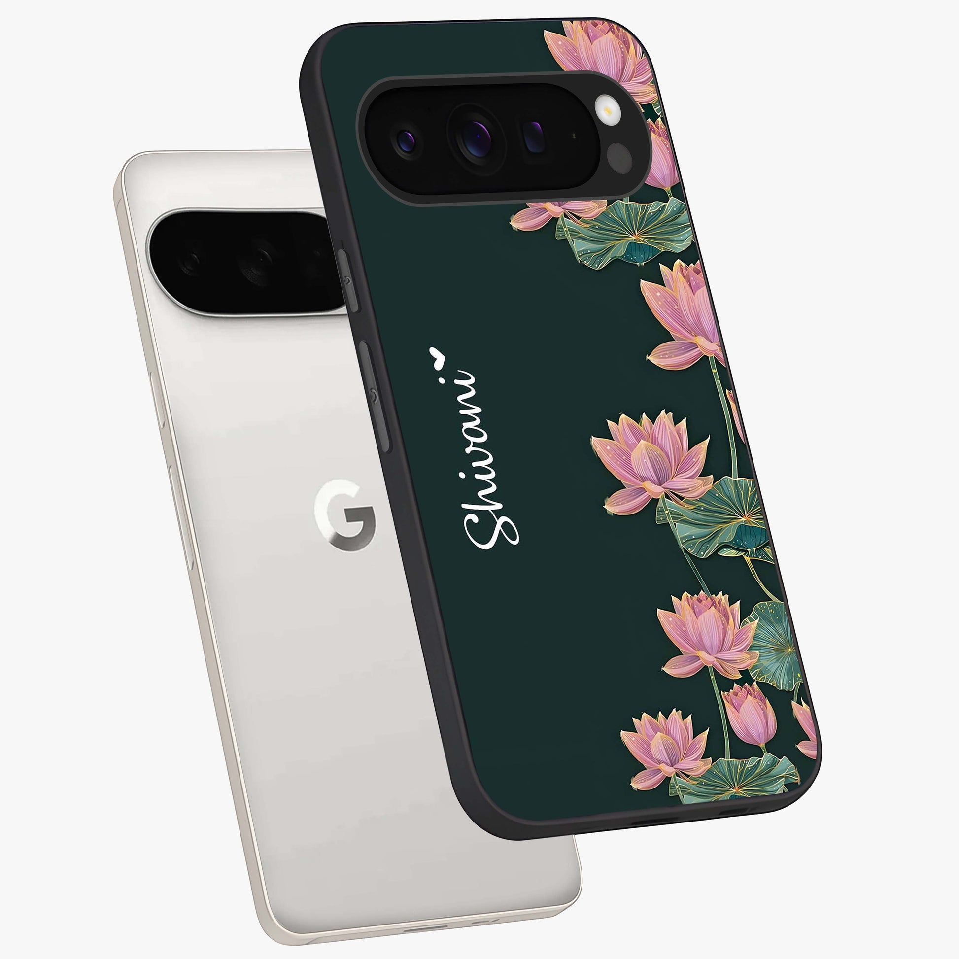 Lotus Bloom Serenity Custom Name Glass Case displayed in angled mockup highlighting graceful lotus illustration with custom name feature.