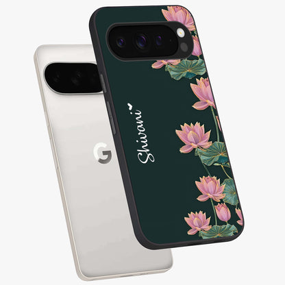 Lotus Bloom Serenity Custom Name Glass Case displayed in angled mockup highlighting graceful lotus illustration with custom name feature.