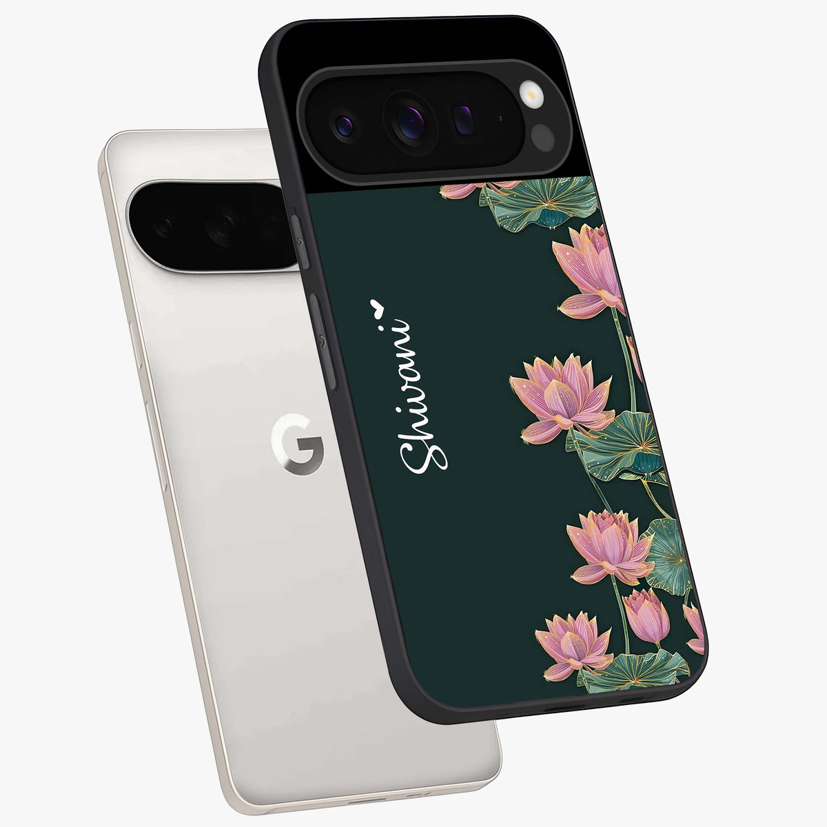Lotus Bloom Serenity Custom Name Glass Case displayed in angled mockup highlighting graceful lotus illustration with custom name feature.
