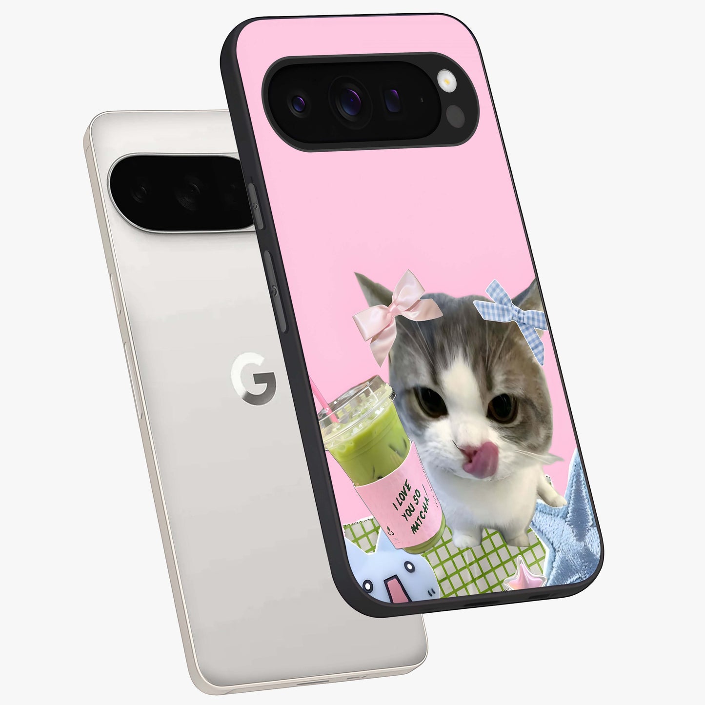 Love Matcha Cat Glass Case displayed in angled mockup highlighting playful feline illustration with cozy matcha aesthetic.