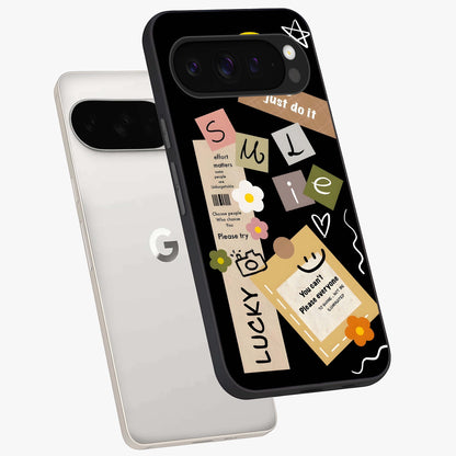 Lucky Aesthetic Collage Glass Case displayed in angled mockup highlighting stylish collage pattern with modern aesthetic vibe.