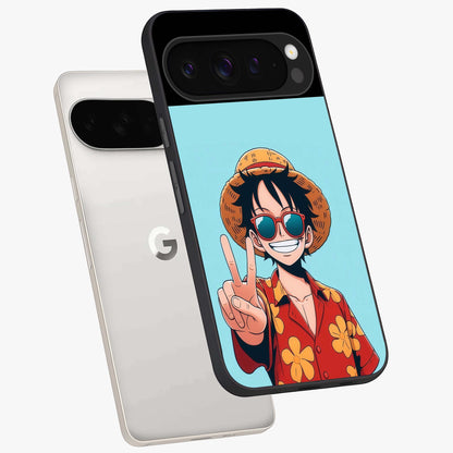 Luffy Summer Anime Vibe Glass Case displayed in angled mockup highlighting energetic anime illustration with summer vibe aesthetic.
