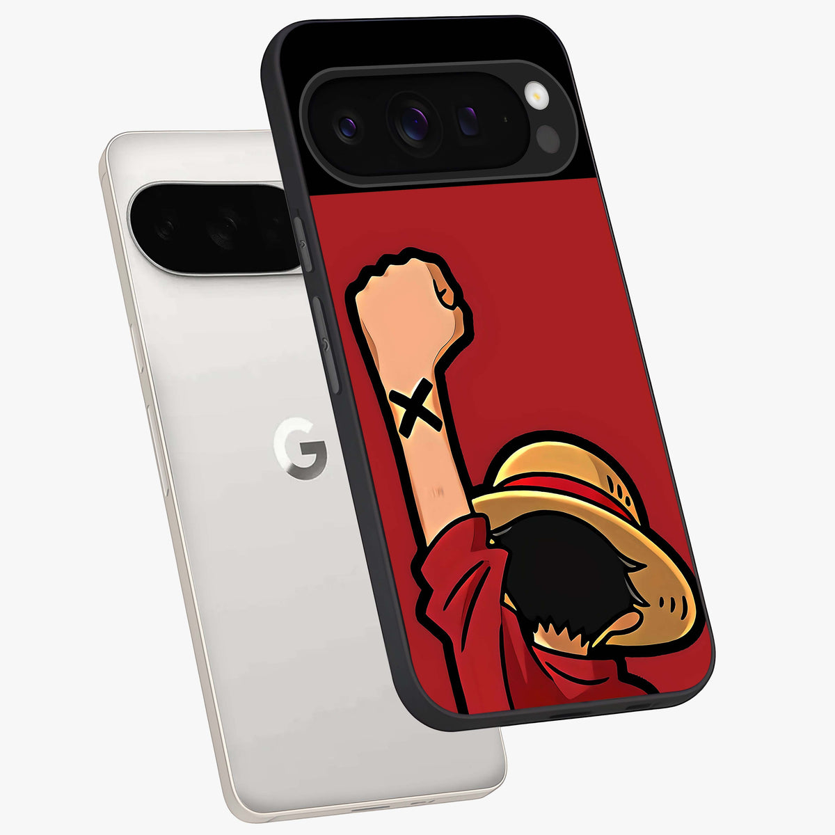 Luffy X Spirit Glass Case displayed in angled mockup highlighting powerful anime design with energetic action aesthetic.