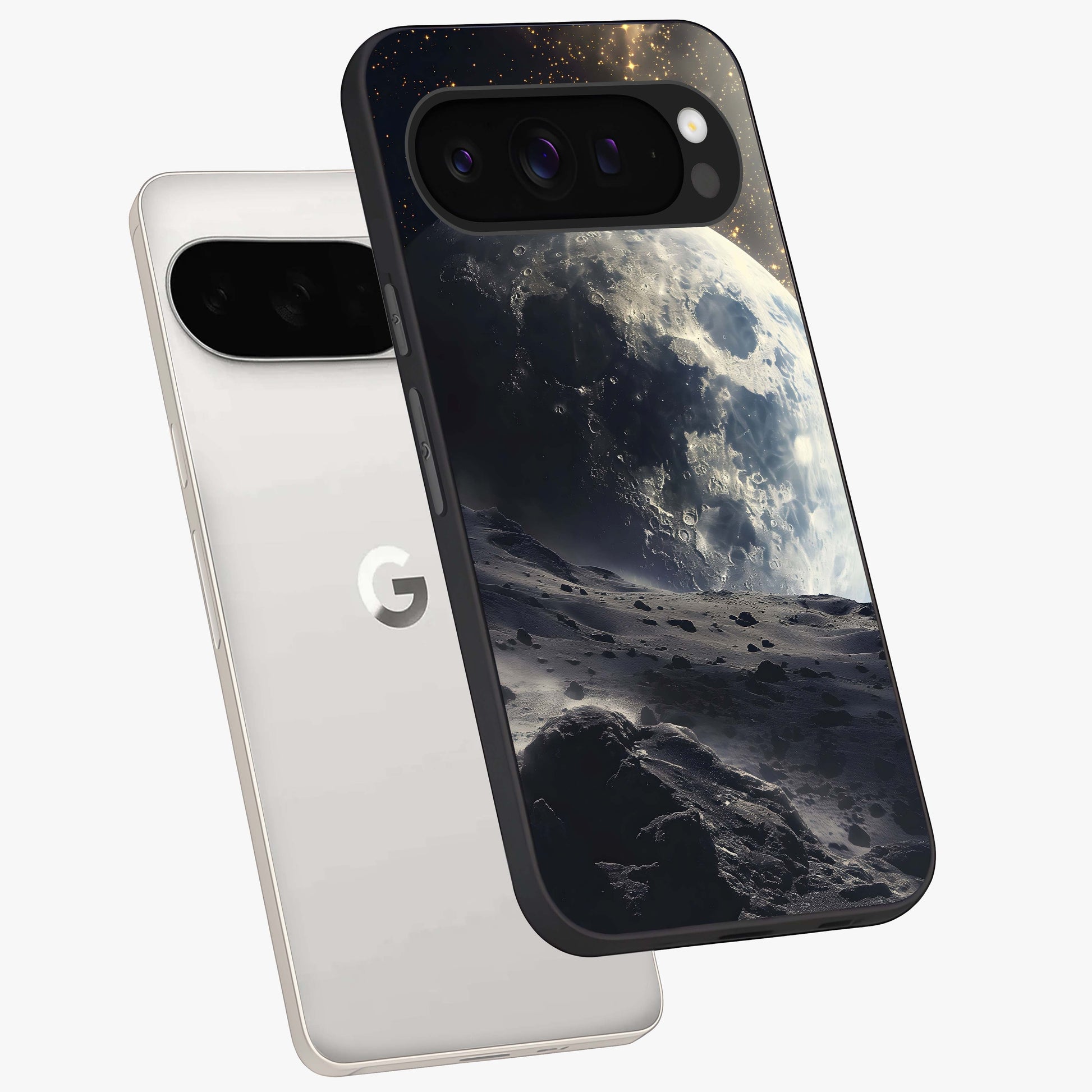 Lunar Horizon Glow Glass Case displayed in angled mockup highlighting celestial moon design with dreamy night aesthetic.