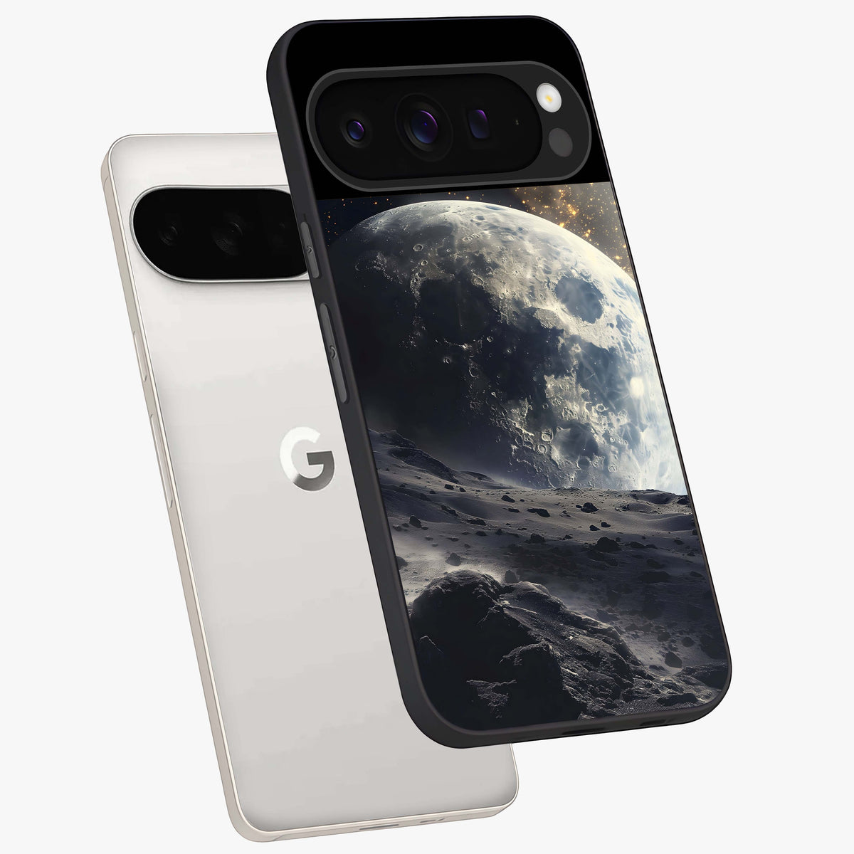 Lunar Horizon Glow Glass Case displayed in angled mockup highlighting celestial moon design with dreamy night aesthetic.