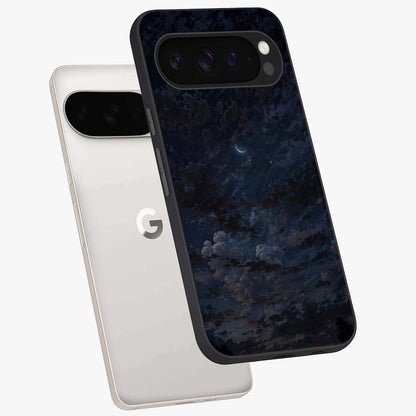 Lunar Veil Silence Glass Case displayed in angled mockup highlighting soft lunar design with peaceful celestial aesthetic.