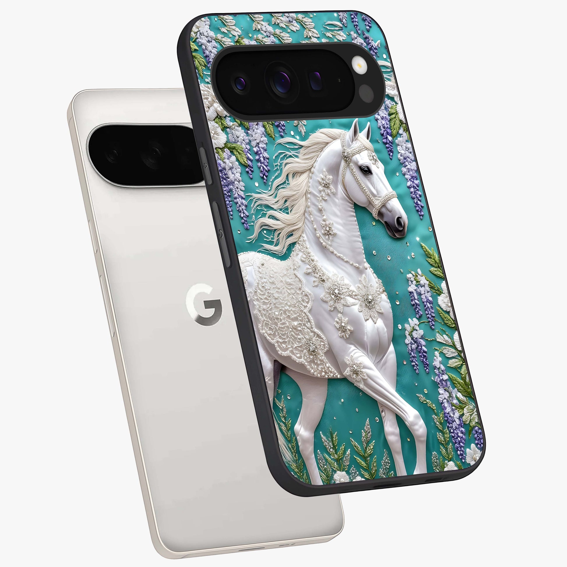 Majestic Floral Stallion Glass Case displayed in angled mockup highlighting majestic stallion illustration with elegant floral aesthetic.
