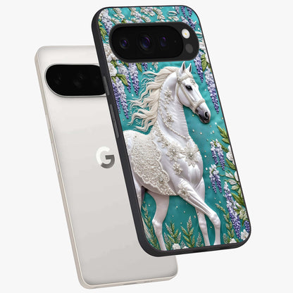 Majestic Floral Stallion Glass Case displayed in angled mockup highlighting majestic stallion illustration with elegant floral aesthetic.