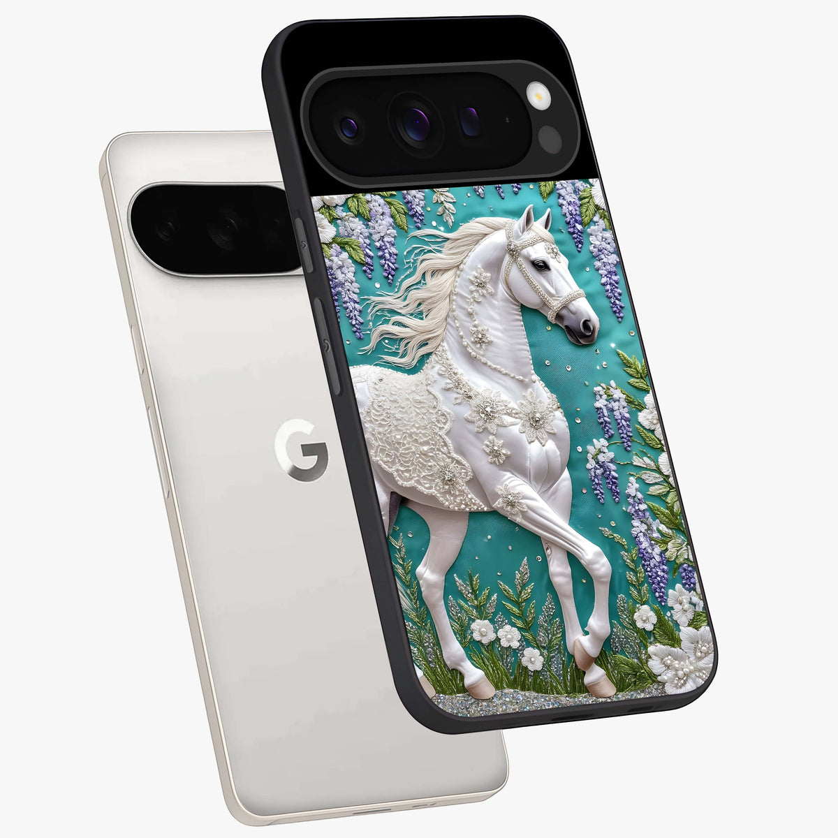 Majestic Floral Stallion Glass Case displayed in angled mockup highlighting majestic stallion illustration with elegant floral aesthetic.