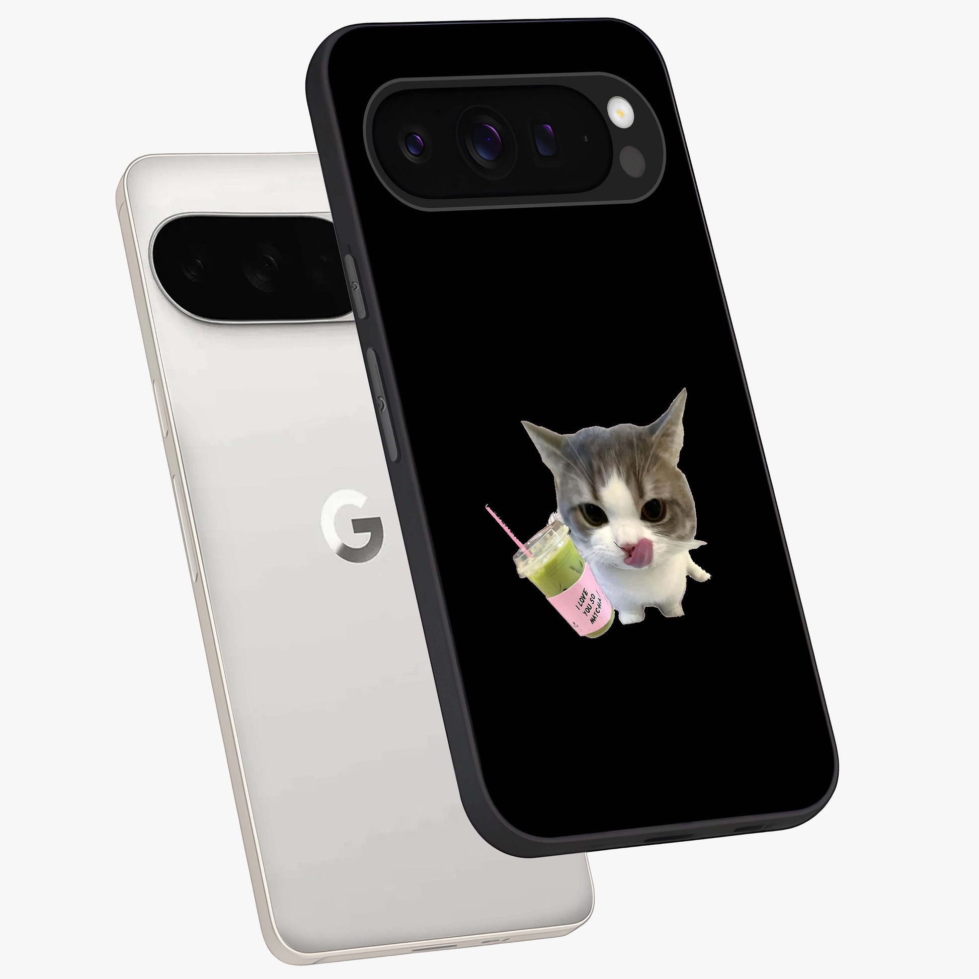 Matcha Cat Style Glass Case displayed in angled mockup highlighting playful feline design with pastel matcha aesthetic.