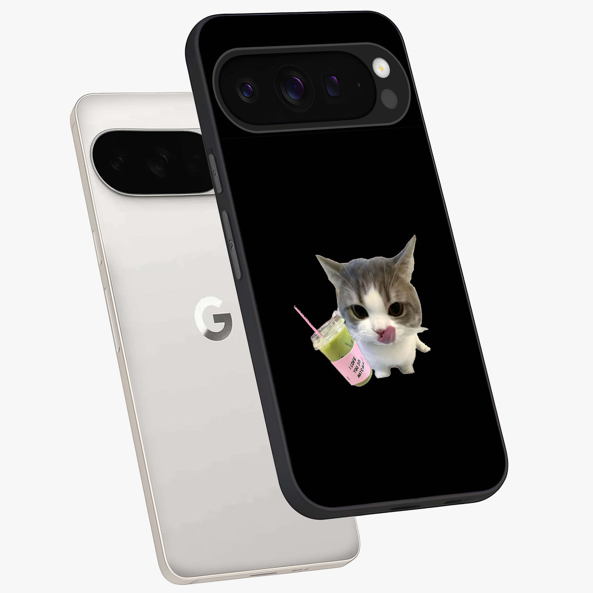 Matcha Cat Style Glass Case displayed in angled mockup highlighting playful feline design with pastel matcha aesthetic.
