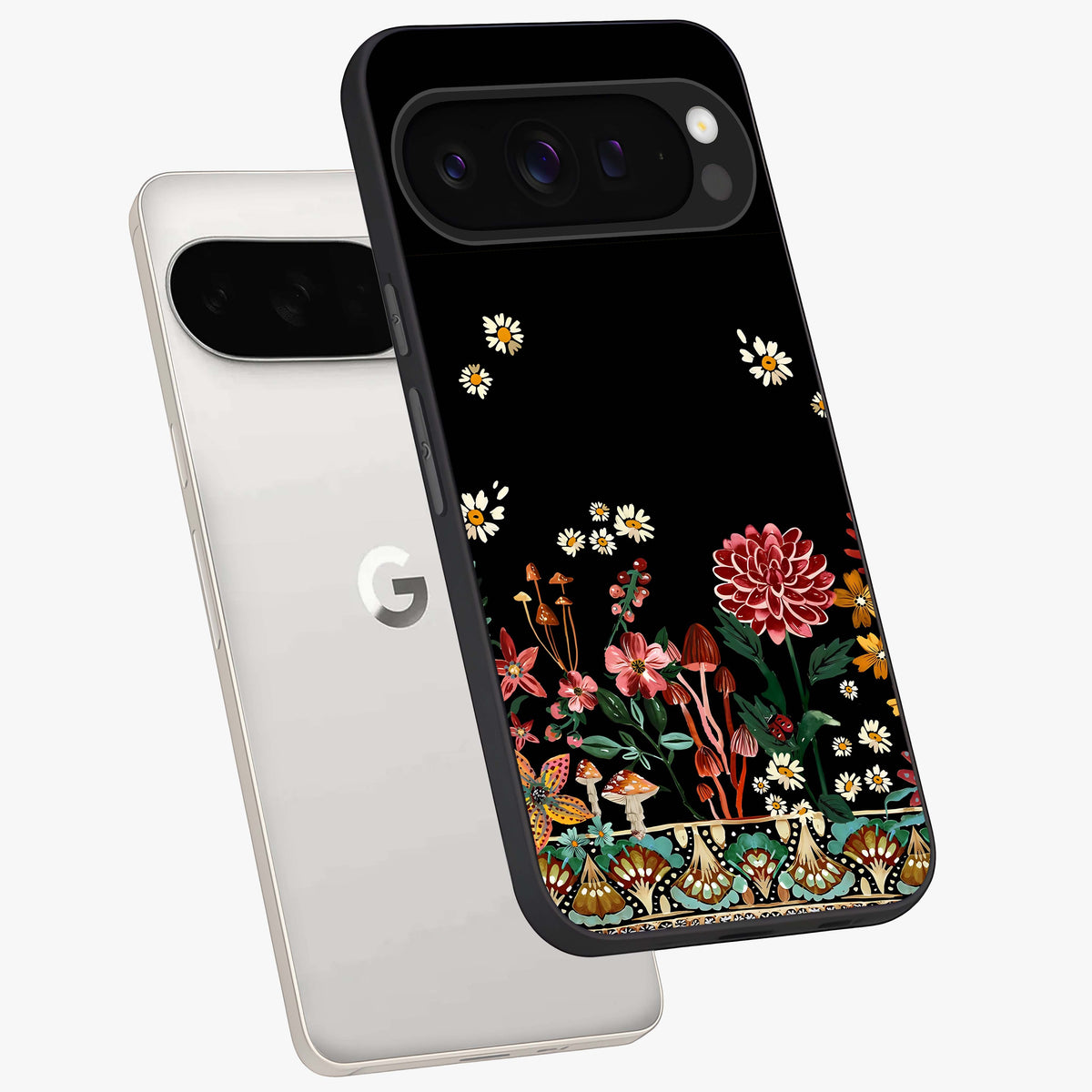 Midnight Bloom Pattern Glass Case displayed in angled mockup highlighting elegant flower design with midnight aesthetic style.