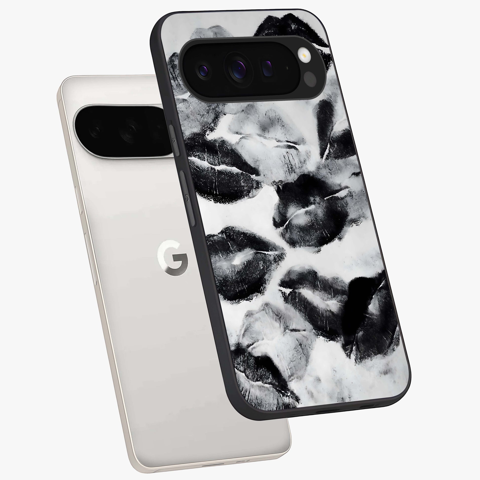 Midnight Kiss Marks Glass Case displayed in angled mockup highlighting playful romantic design with bold midnight aesthetic.