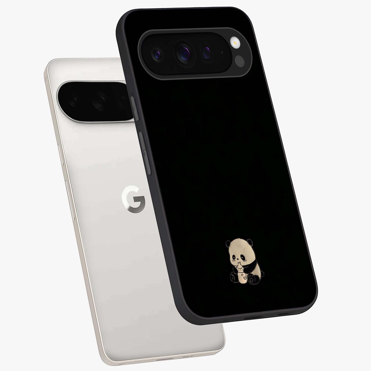 Midnight Panda Love Glass Case displayed in angled mockup highlighting adorable panda illustration with midnight aesthetic.