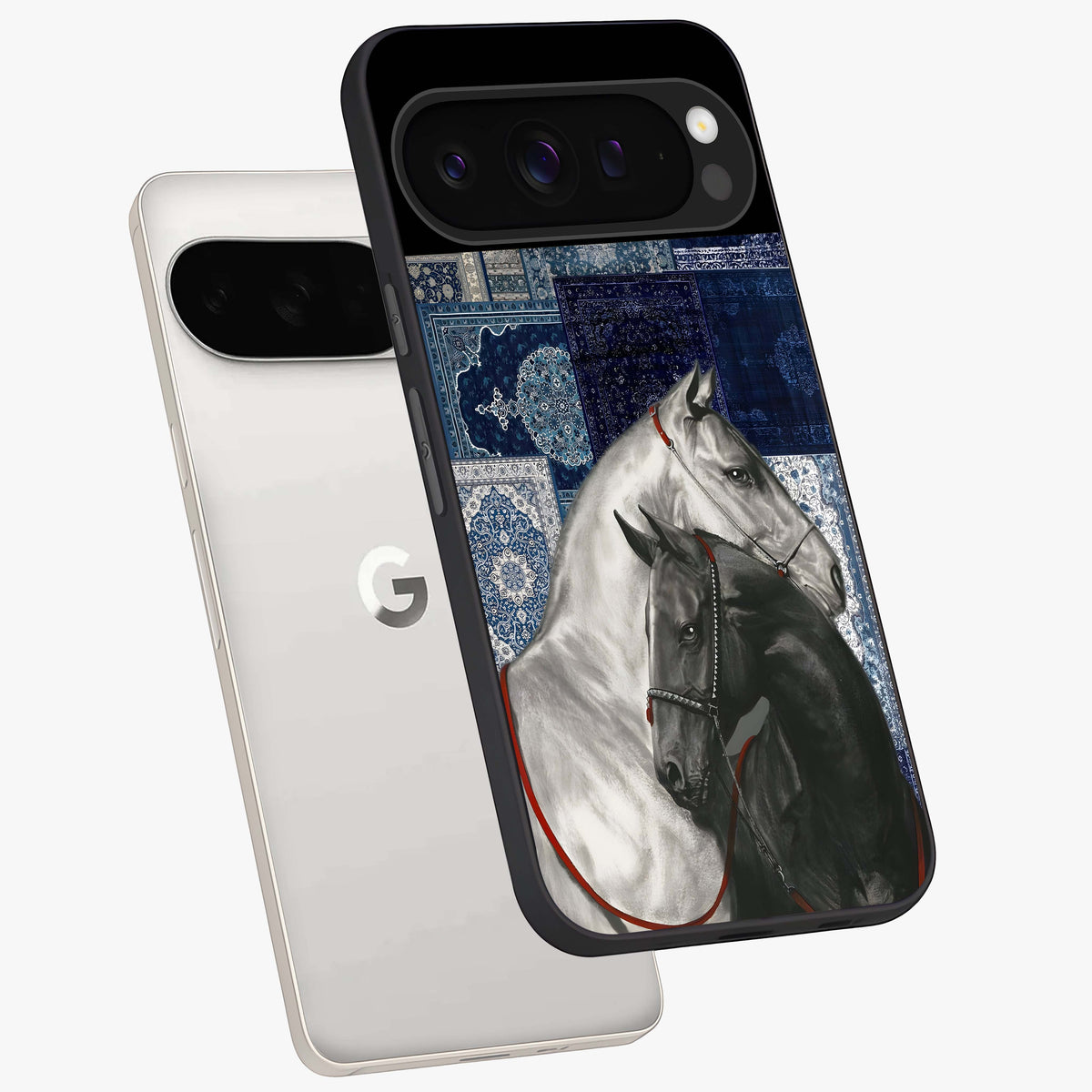 Midnight Stallion Blues Glass Case displayed in angled mockup highlighting powerful stallion illustration with deep midnight tones.
