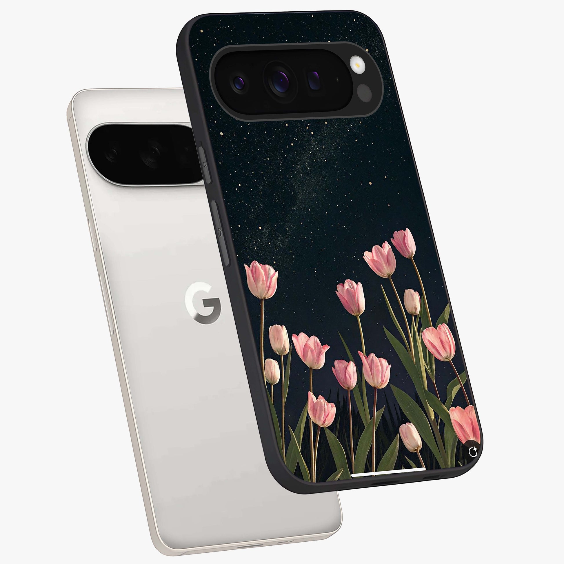 Midnight Tulip Whispers Vibe Glass Case displayed in angled mockup highlighting delicate tulip design with midnight floral aesthetic.