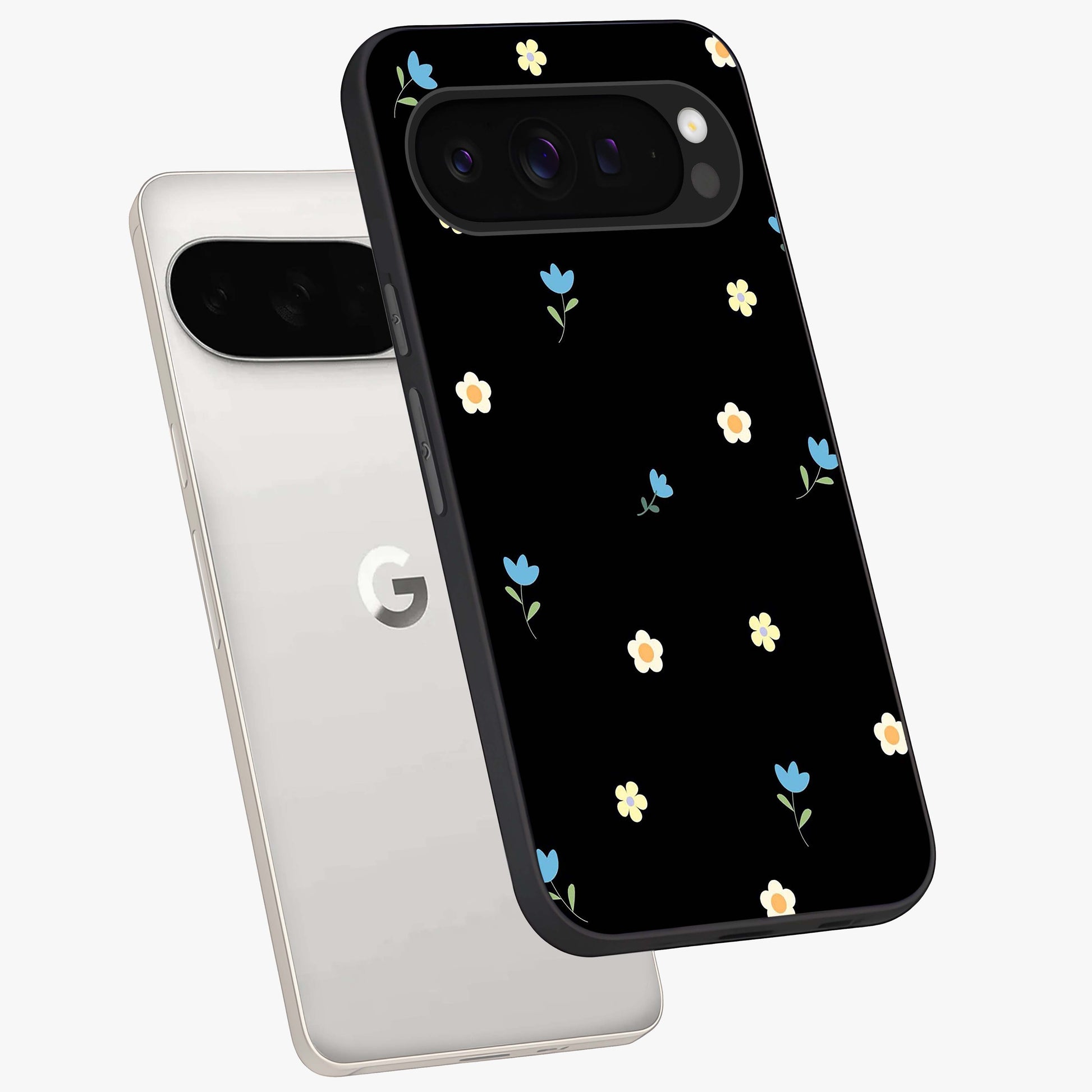 Minimal Petal Whispers Glass Case displayed in angled mockup highlighting delicate petal design with clean minimal aesthetic.