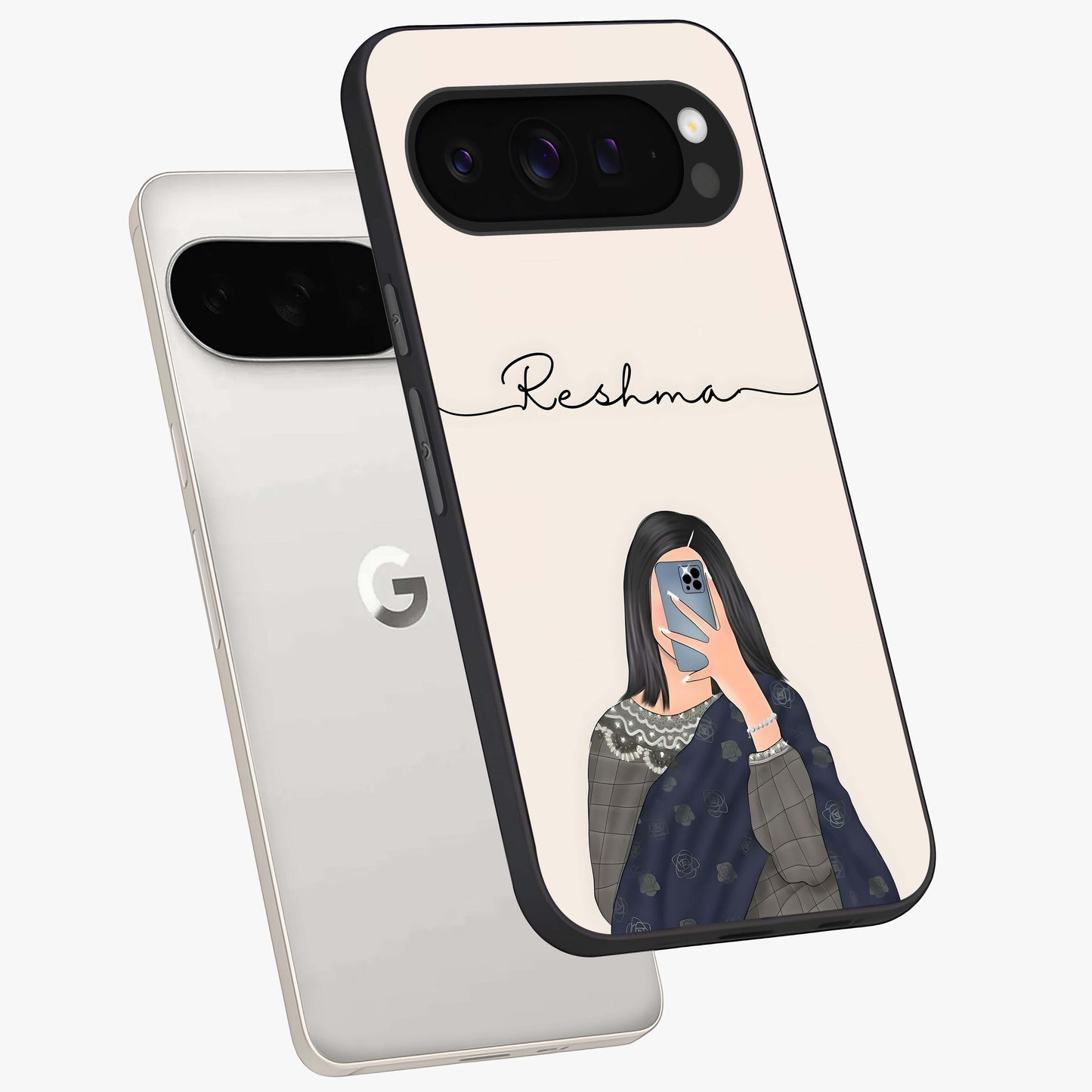 Mirror Mood Muse With Custom Name Glass Case displayed in angled mockup highlighting aesthetic mirror inspired design with custom name feature.