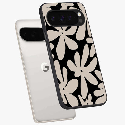 Monochrome Petal Dance Glass Case displayed in angled mockup highlighting elegant petal design with black and white aesthetic.