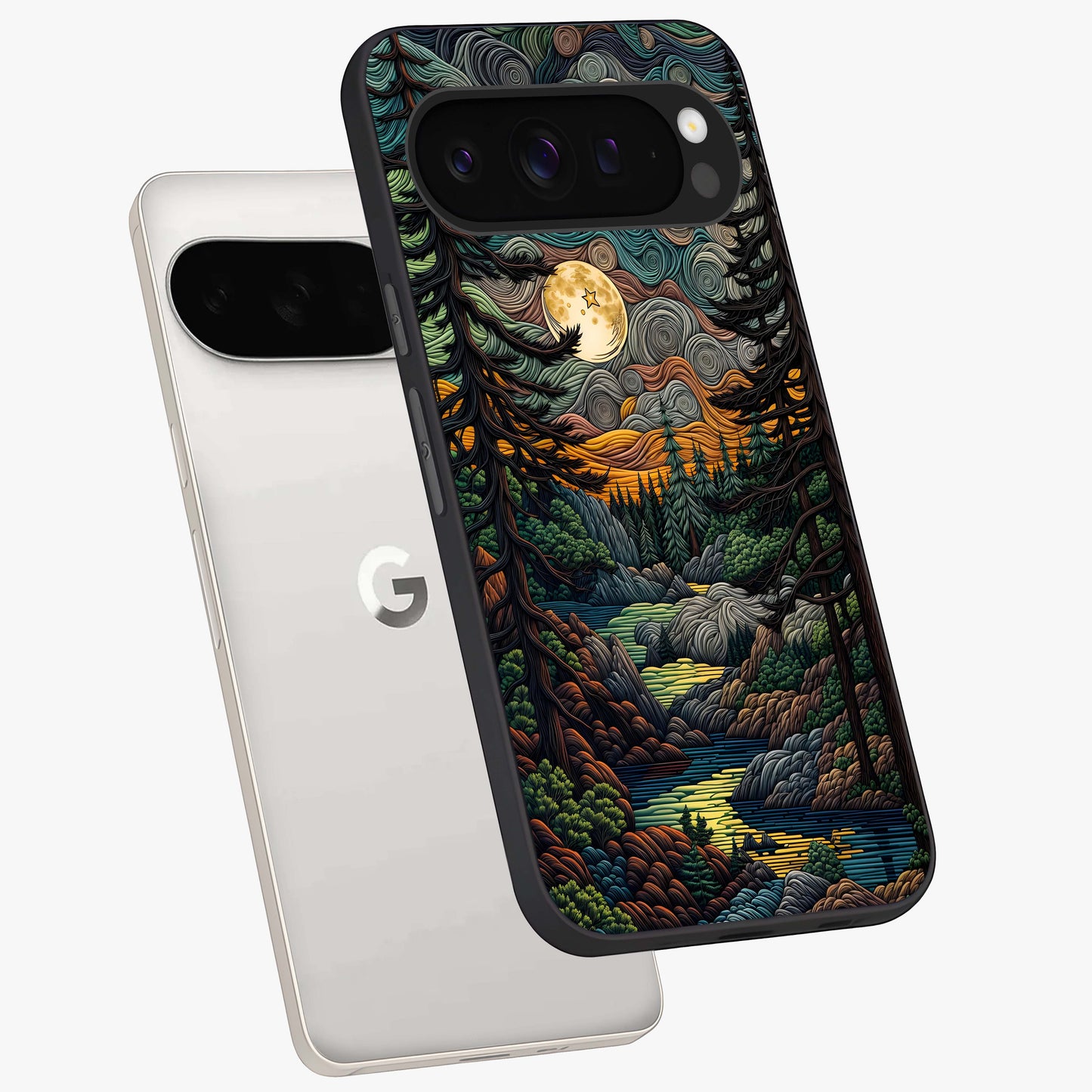 Moonlight Forest Dream Glass Case displayed in angled mockup highlighting dreamy forest design with glowing moon aesthetic.