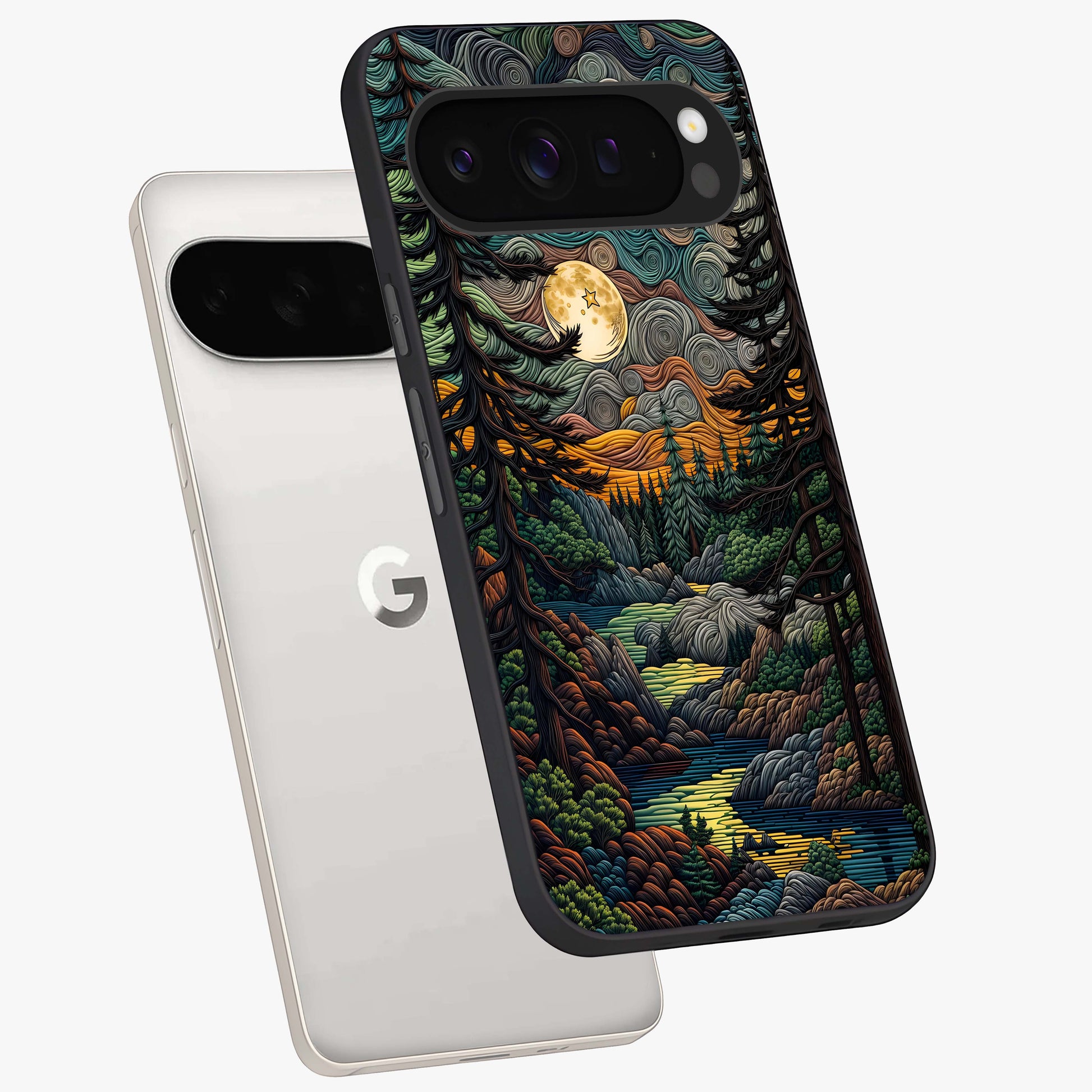 Moonlight Forest Dream Glass Case displayed in angled mockup highlighting dreamy forest design with glowing moon aesthetic.