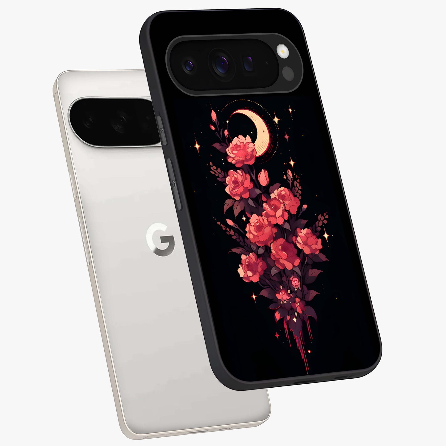 Moonlit Floral Elegance Glass Case displayed in angled mockup highlighting graceful flower design with soft moonlight aesthetic.