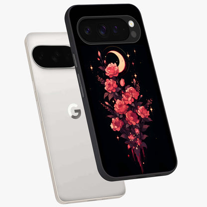 Moonlit Floral Elegance Glass Case displayed in angled mockup highlighting graceful flower design with soft moonlight aesthetic.