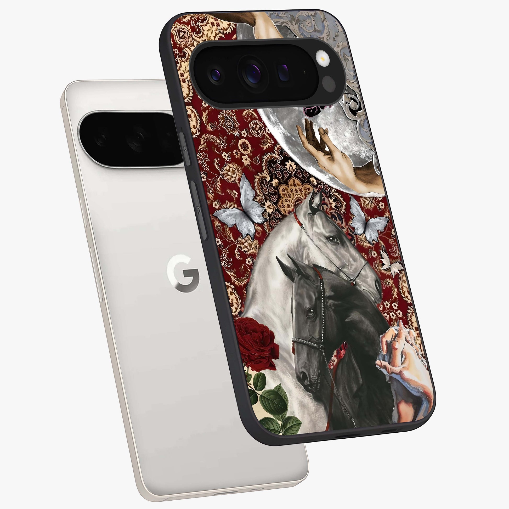 Moonlit Royal Stallion Glass Case displayed in angled mockup highlighting powerful stallion illustration with royal night aesthetic.